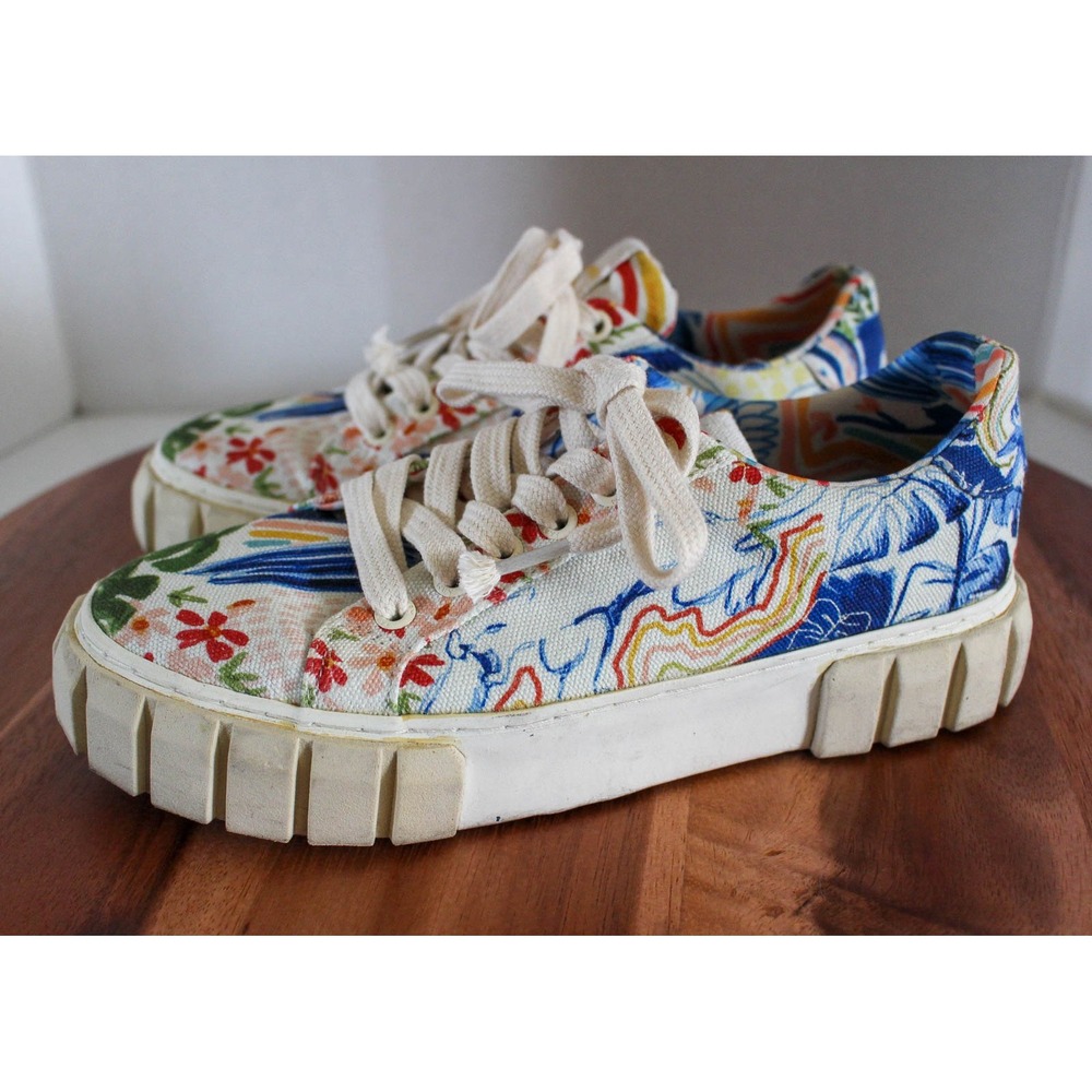 Farm Rio Platform Sneakers Womens 38 White Tropical Floral Canvas Copacabana